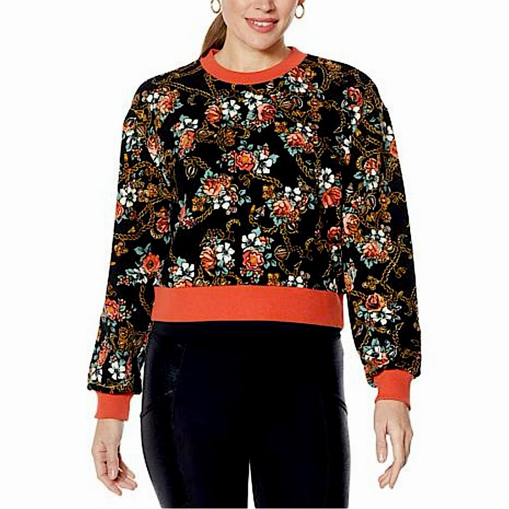 NEW! Laila Ali Women’s Floral Long Sleeve Floral Sweatshirt Pullover Black/Coral - Picture 5 of 13
